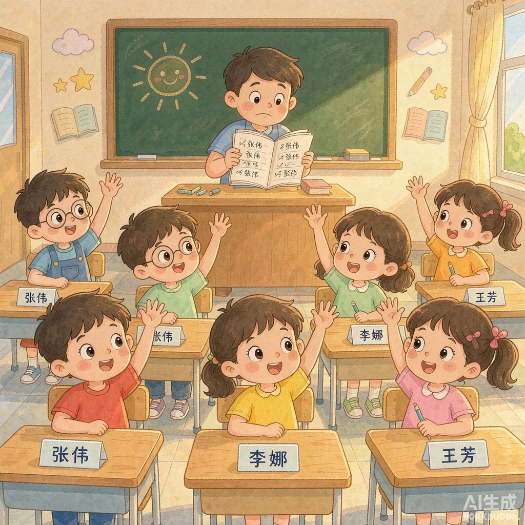 AI取名的弊端 同名扎堆的教室场景插画